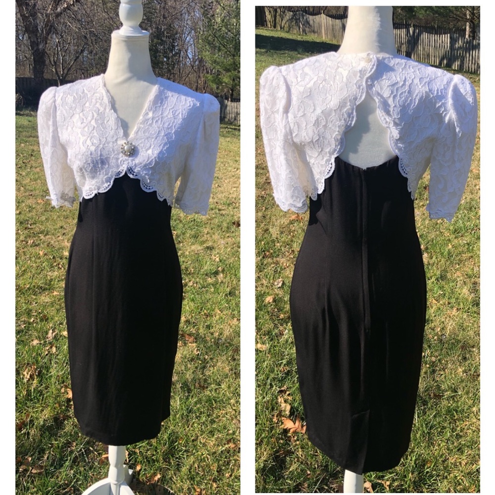 Vintage 80s 90s Scott McClintock Lace Cutout Black & White Dress S M